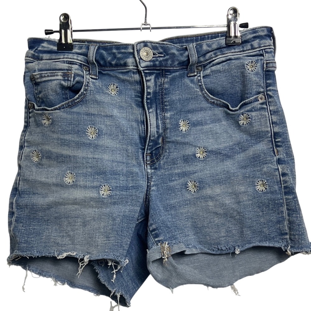 American Eagle Daisy Embroidered Denim Shorts Medium Wash Raw‎ Hem Womens Y2K 8